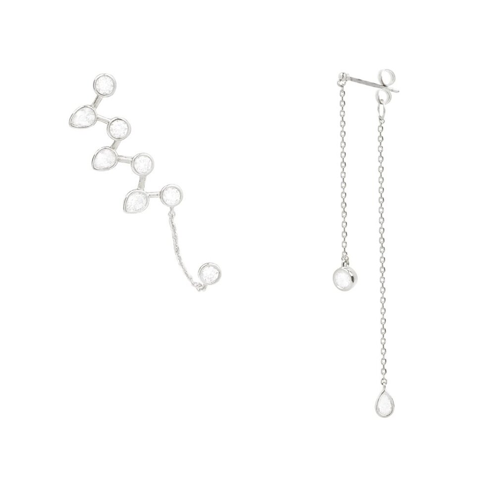 nOir Jewelry Climber Up The Ear and Dangle Chain Silver Earrings